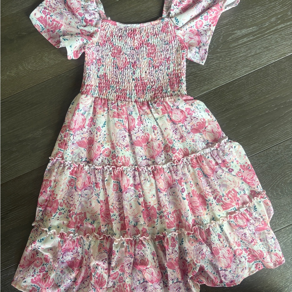 SweetHoney Pink and White Pleated Sundress with Puff Sleeves